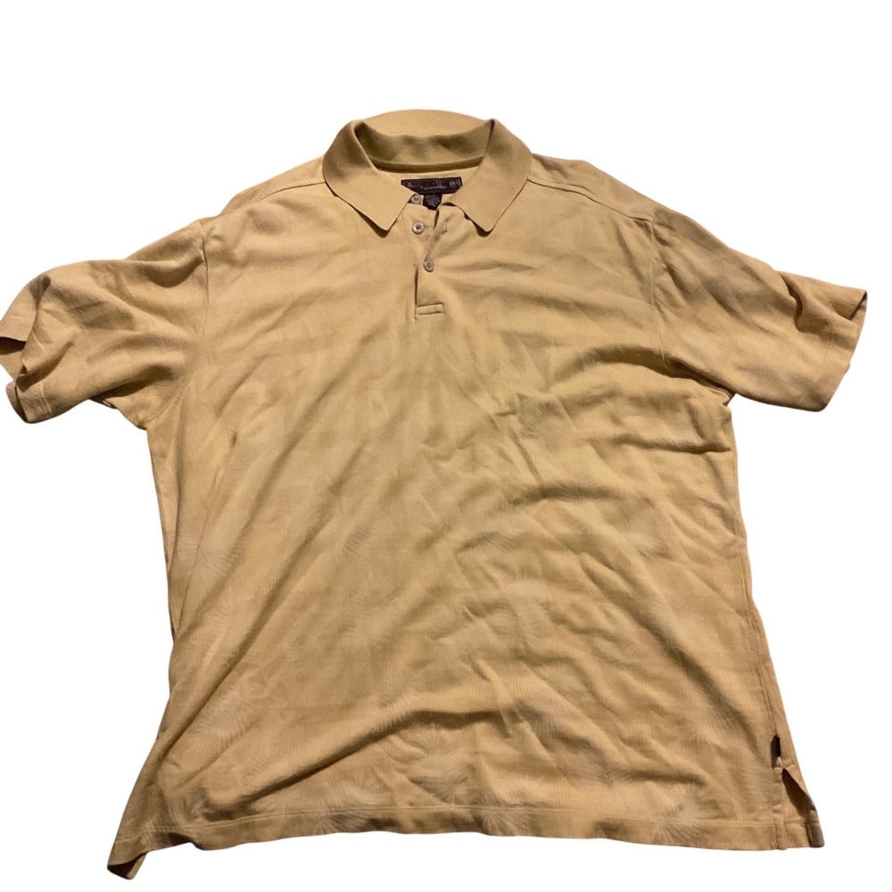 Tommy Bahama 18 Golf Mens Large Tan Silk Cotton Palm Jacquard Polo Shirt L